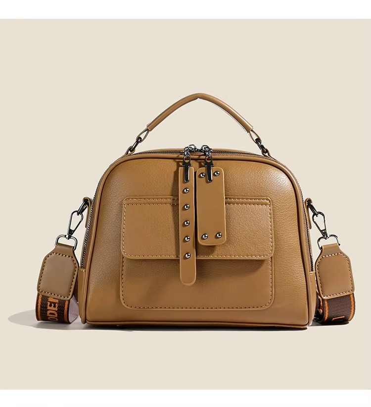 Huinian XR998-80 High-End Women's Large Capacity Commuting Handbag (Brown) – Soft Synthetic Leather Multi-Layer Shoulder Purse with Trendy Chains, Pearls, Lock Decor & Secure Zipper Closure (30x25x13 cm)