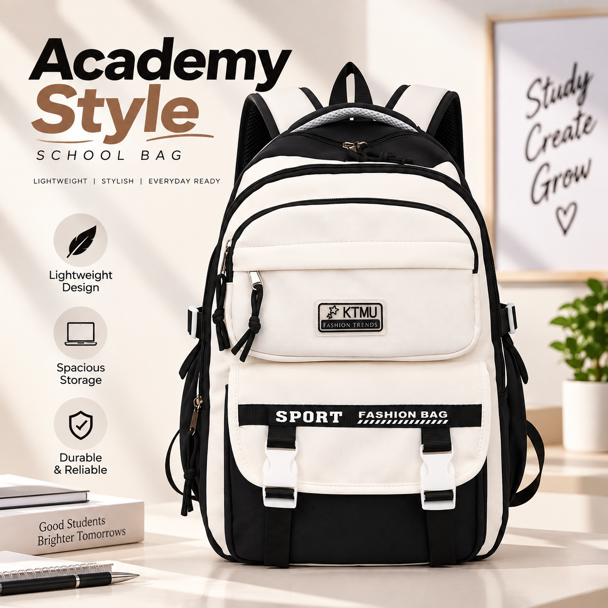 Goostar Academy Style Unisex Oxford Backpack (Black) – Japan Style Lightweight College Student Book Bag with 20-36L Capacity, Padded Air Cushion Belts & Dedicated Computer Interlayer (29x13x45 cm)