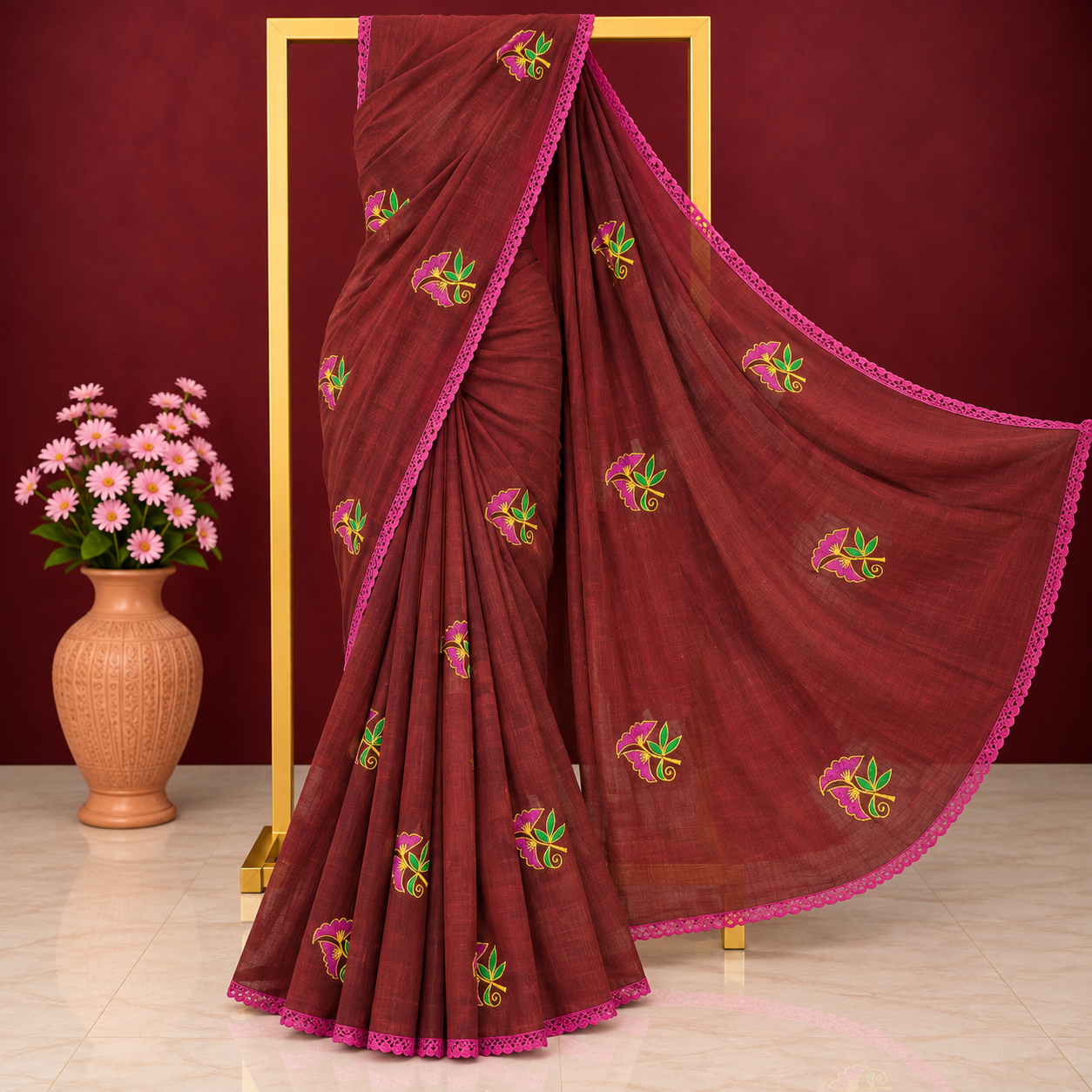 Exclusive deep maroon cotton saree with embroidery and lace border.