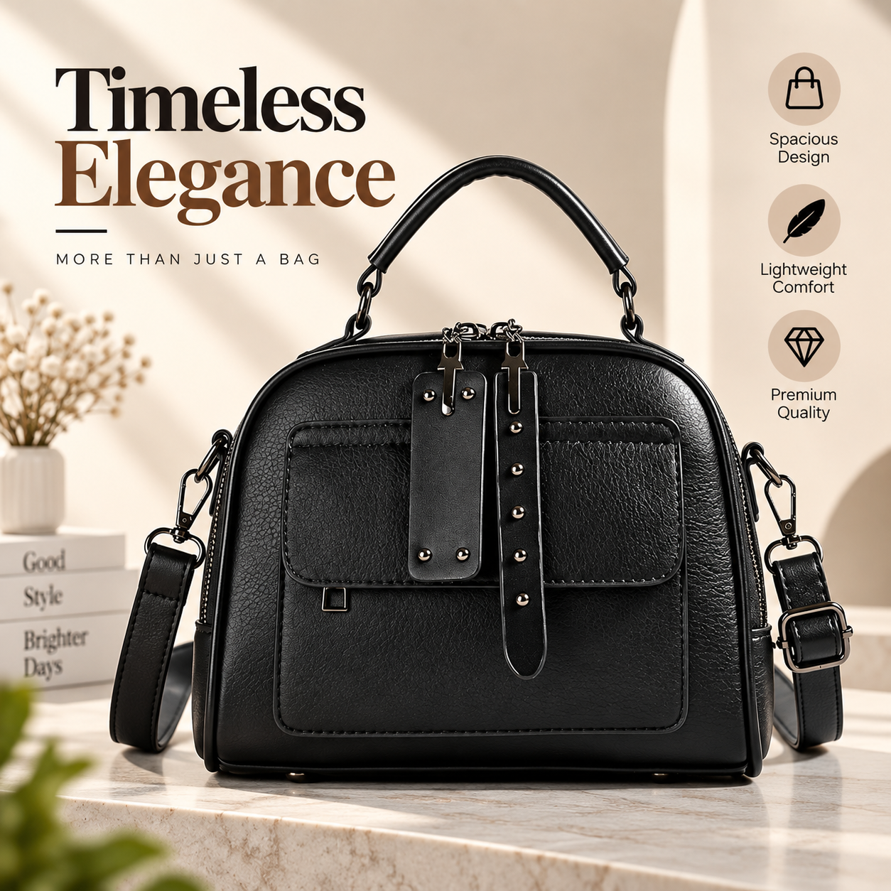Huinian XR998-80 High-End Women's Large Capacity Commuting Handbag (Black) – Soft Synthetic Leather Multi-Layer Shoulder Purse with Trendy Chains, Pearls, Lock Decor & Secure Zipper Closure (30x25x13 cm)