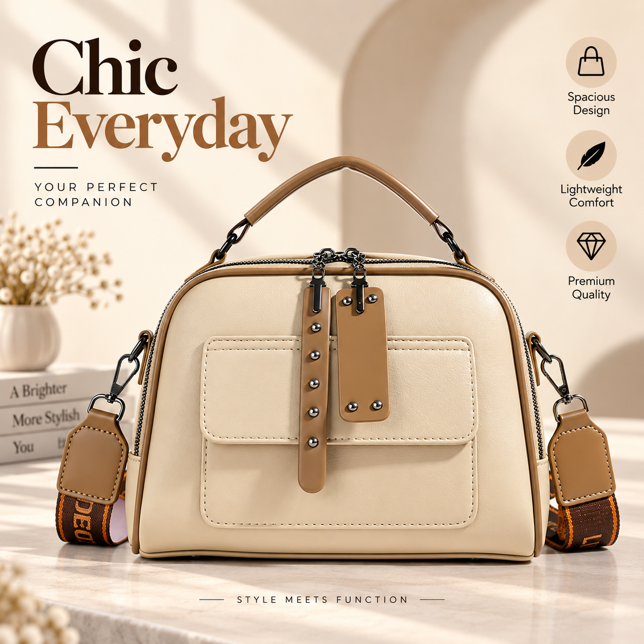Huinian XR998-80 High-End Women's Large Capacity Commuting Handbag (Cream) – Soft Synthetic Leather Multi-Layer Shoulder Purse with Trendy Chains, Pearls, Lock Decor & Secure Zipper Closure (30x25x13 cm)