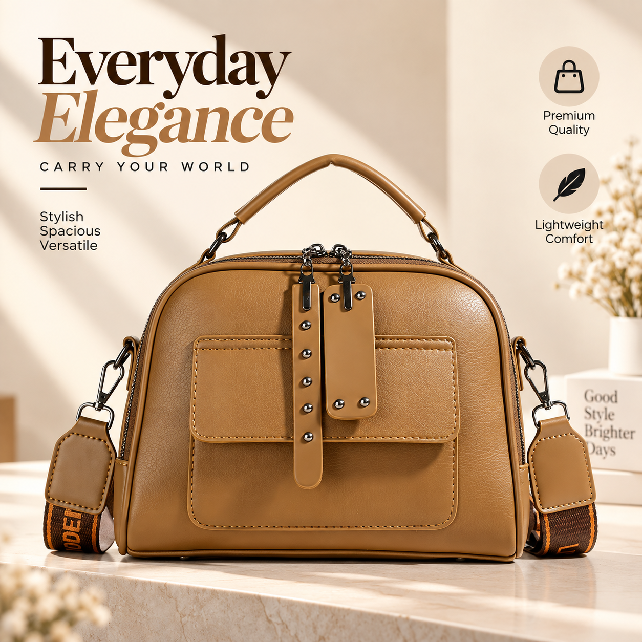 Huinian XR998-80 High-End Women's Large Capacity Commuting Handbag (Brown) – Soft Synthetic Leather Multi-Layer Shoulder Purse with Trendy Chains, Pearls, Lock Decor & Secure Zipper Closure (30x25x13 cm)