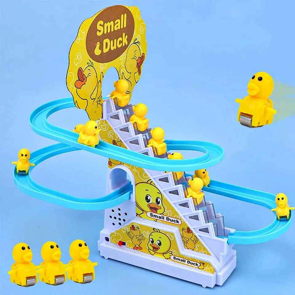 Electric Small Duck Climbing Stairs Toy – Musical Slide Track Game with 9 Cute Yellow Ducks, Flashing LED Lights, Safe ABS Plastic Interactive Educational Toy & Perfect Kids Gift