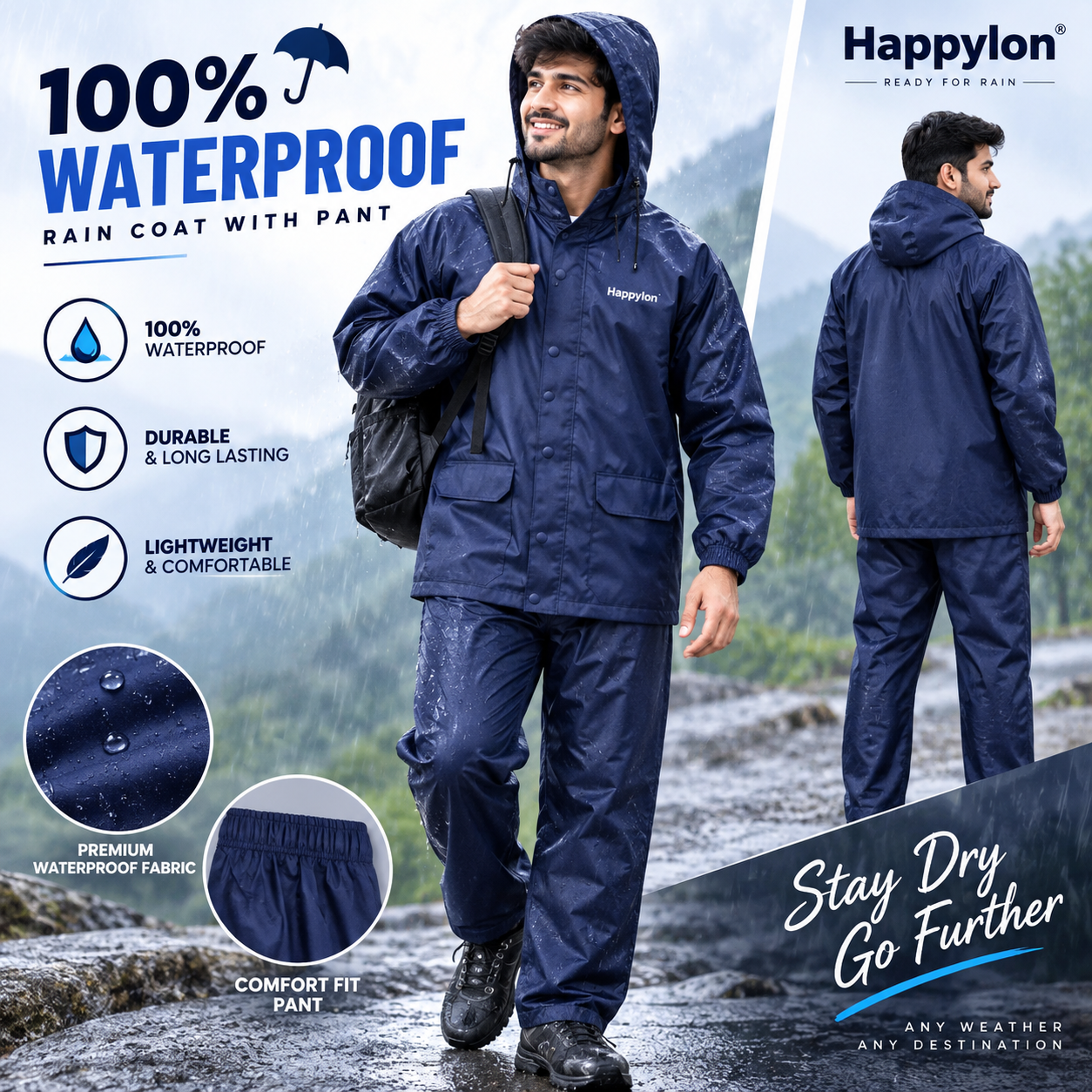 Happylon 100% Waterproof Raincoat with Pant Set – High-Quality Durable Unisex Dustproof Rain Suit with Free Size Options (XL/XXL) for Men & Women Outdoor Protection