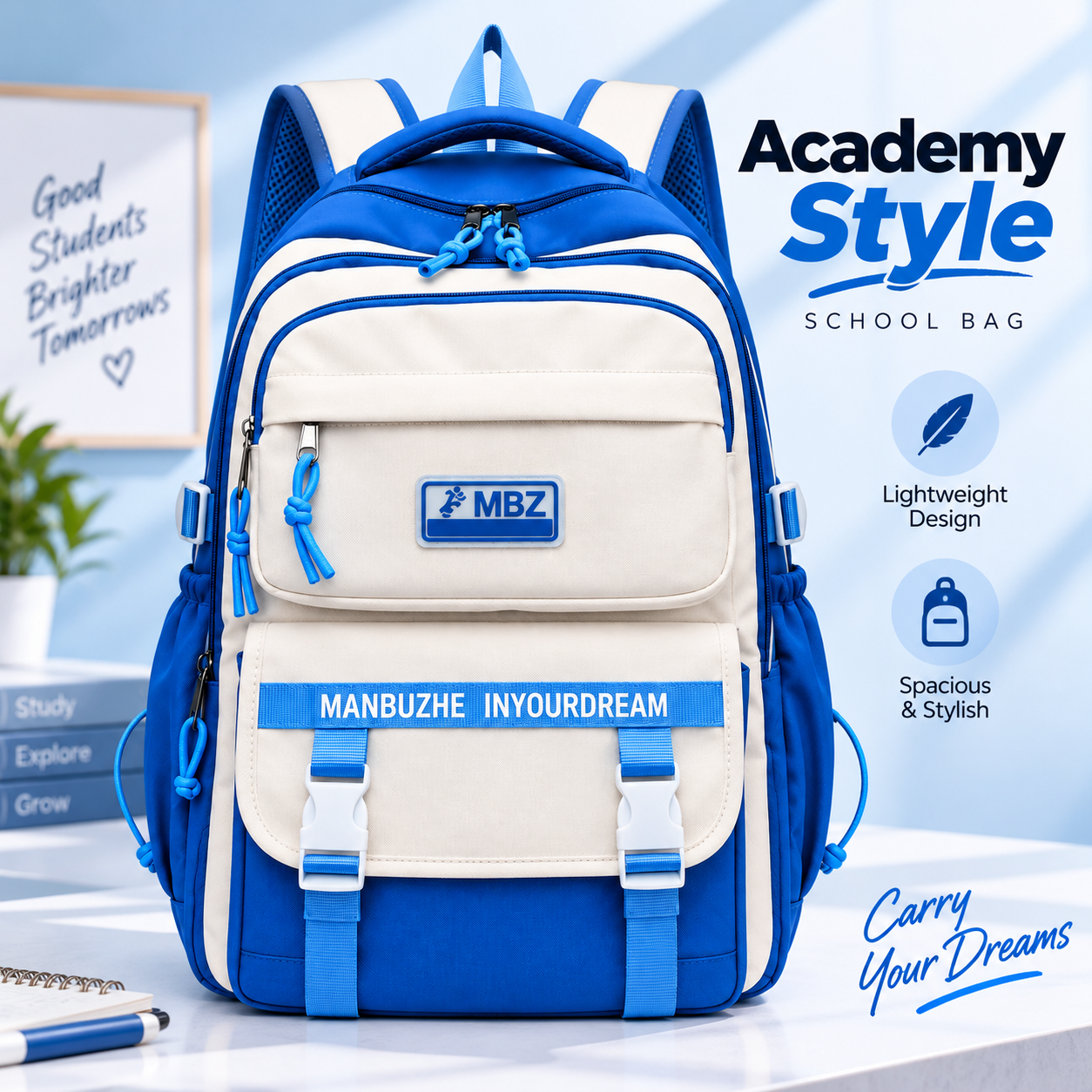 Goostar Academy Style Unisex Oxford Backpack (Blue) – Japan Style Lightweight College Student Book Bag with 20-36L Capacity, Padded Air Cushion Belts & Dedicated Computer Interlayer (29x13x45 cm)