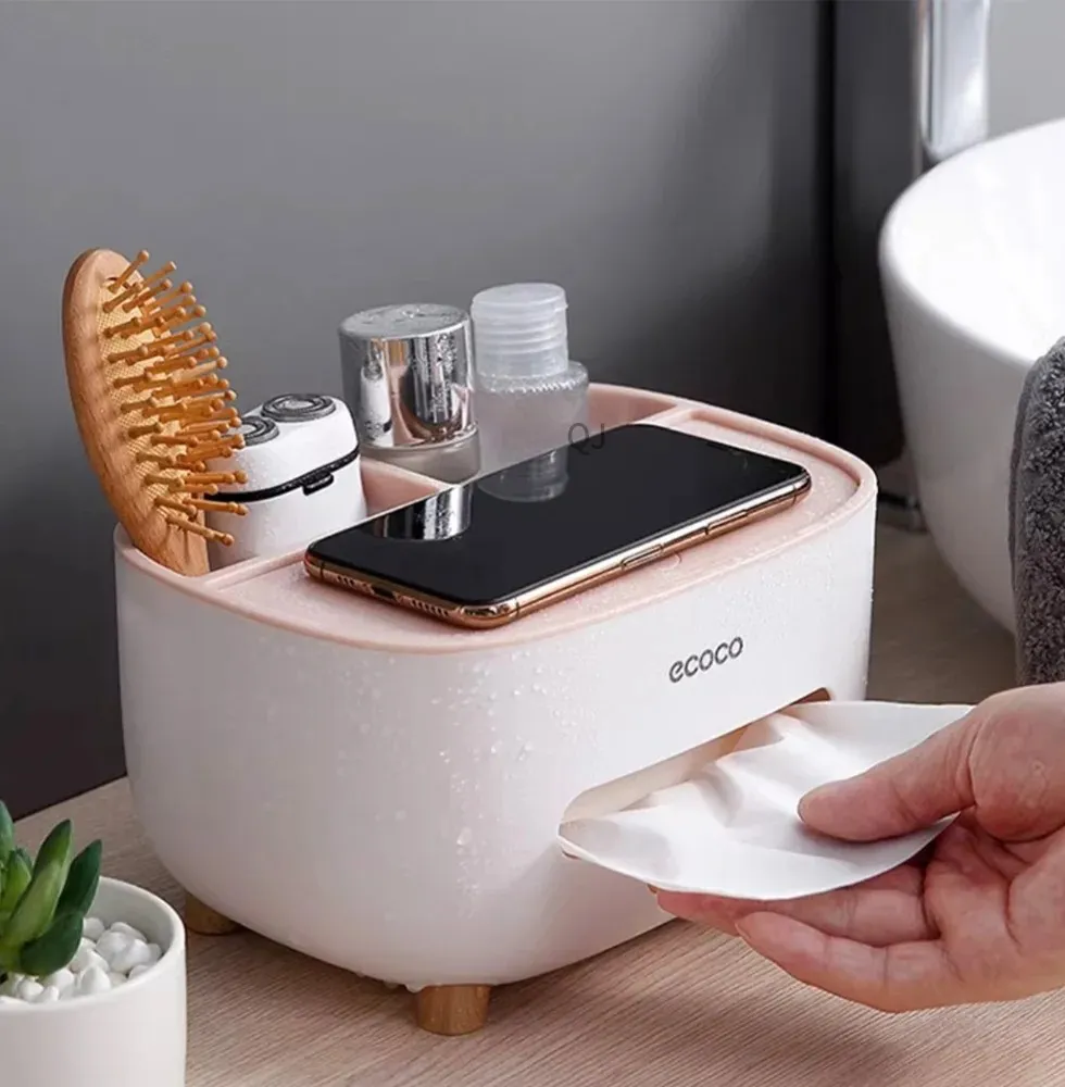 ECOCO Multifunctional Large Tissue Box & Storage Holder – Cute Desktop Napkin Dispenser with Phone Stand for Home, Office & Car