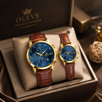 OLEVS Premium Luxury Leather Strap Couple Watch Set – Golden Case, Deep Blue Roman Numeral Dial, Chronograph, Date Display & Crocodile Texture Brown Leather Band (Perfect Anniversary & Wedding Gift)