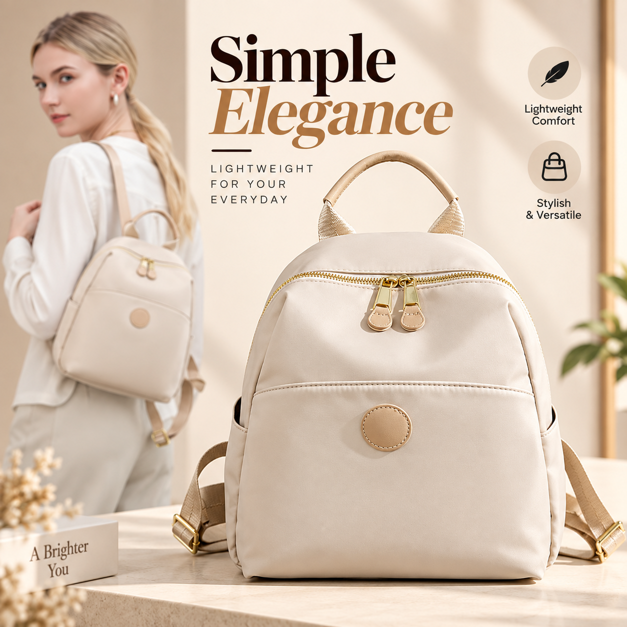 Women's Designer High-Quality Soft Nylon Backpack (Off White ) – Lightweight Simple Fashion Travel Daypack with Secure Zipper Closure, Multiple Interior Pockets & Spacious Capacity (25x12x29 cm)