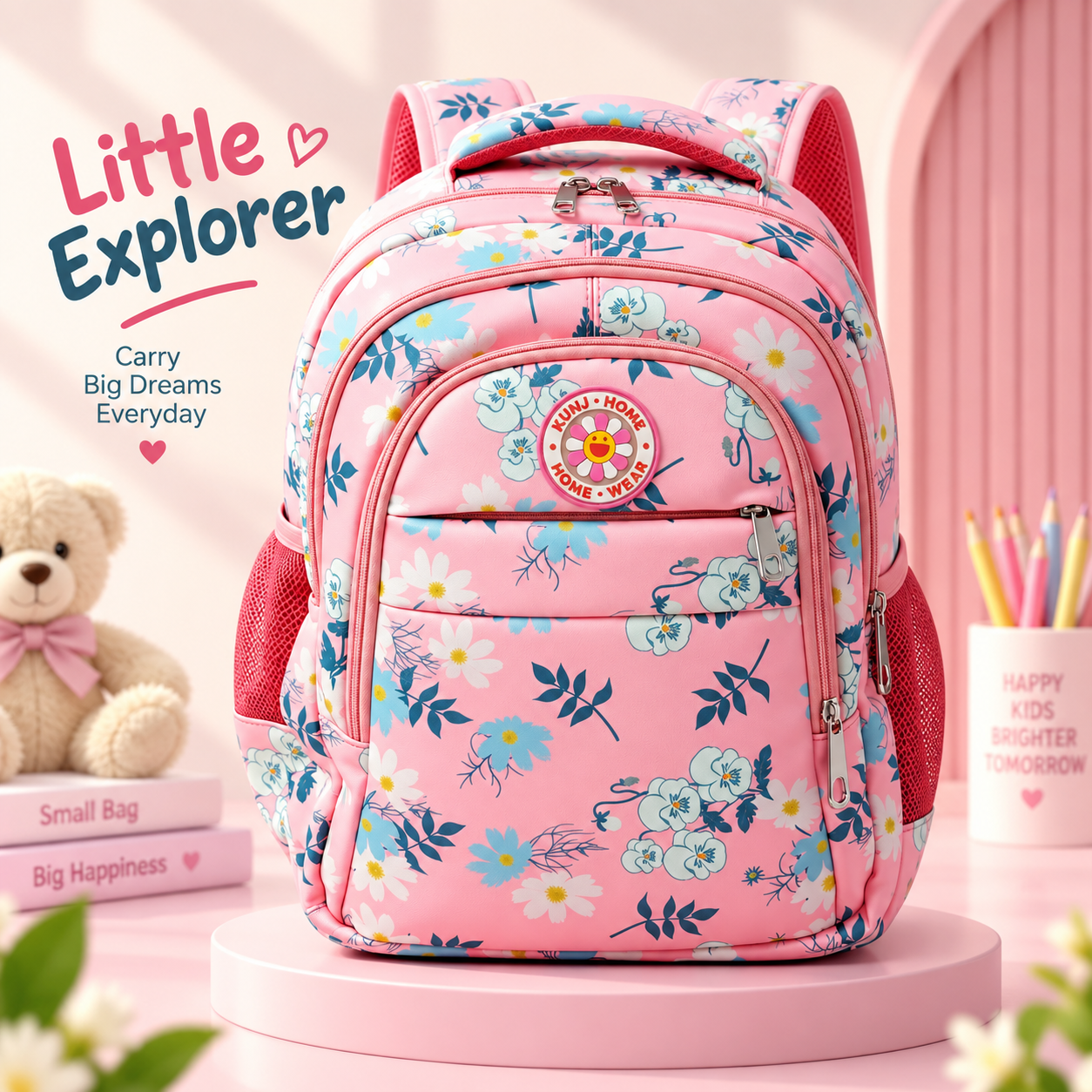 Cute Floral Print Kids Backpack – Stylish School & Casual Daypack with Light-Up Front Logo, Padded Shoulder Straps, Side Mesh Bottle Pockets & Spacious Main Compartment
