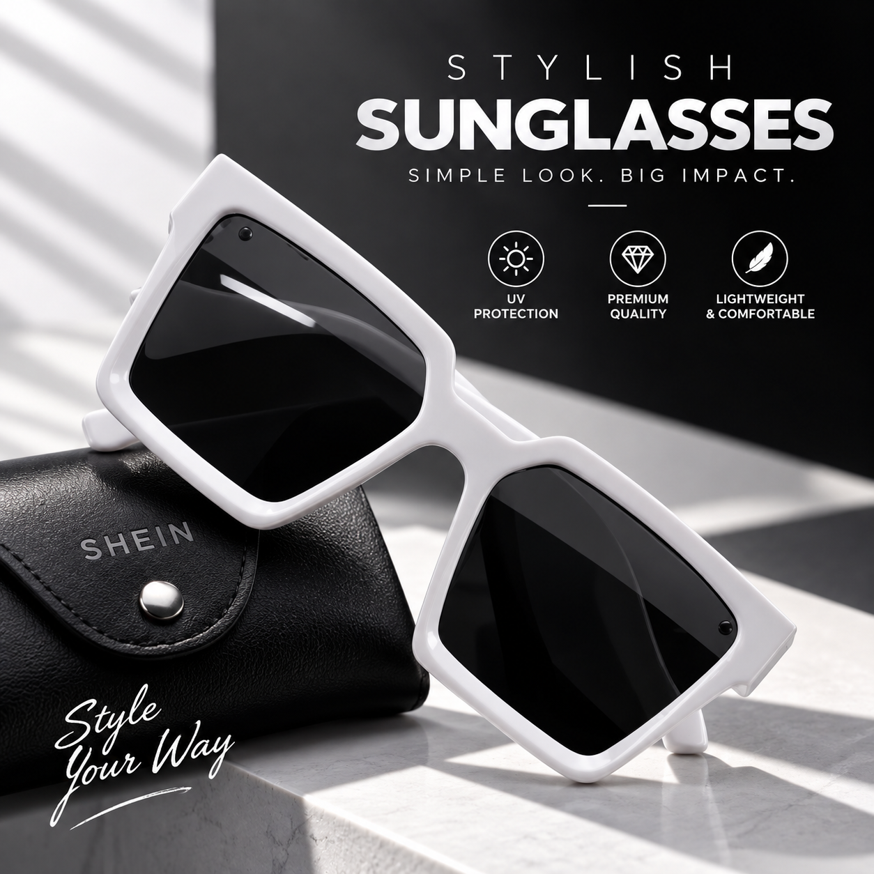 Stylish White Frame Black Lens Sunglasses for Men – Trendy Tik-Tok Style UV Protection Eyewear with Polycarbonate Mirror Gradient Lenses, Durable Lightweight Chatch Frame for Riding, Motorbike & Outdoor Sports