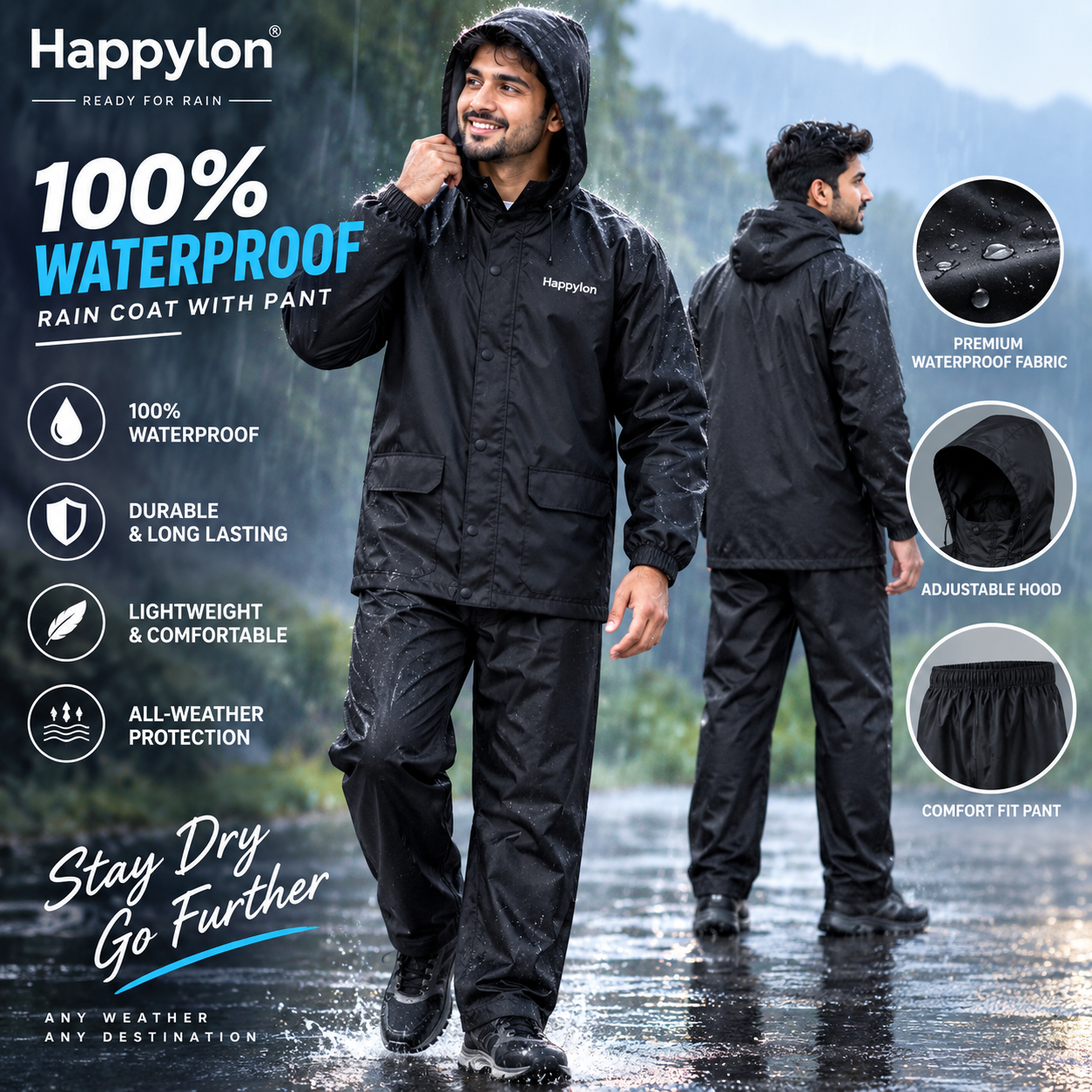 Happylon 100% Waterproof Raincoat with Pant Set – High-Quality Durable Unisex Dustproof Rain Suit with Free Size Options (XL/XXL) for Men & Women Outdoor Protection