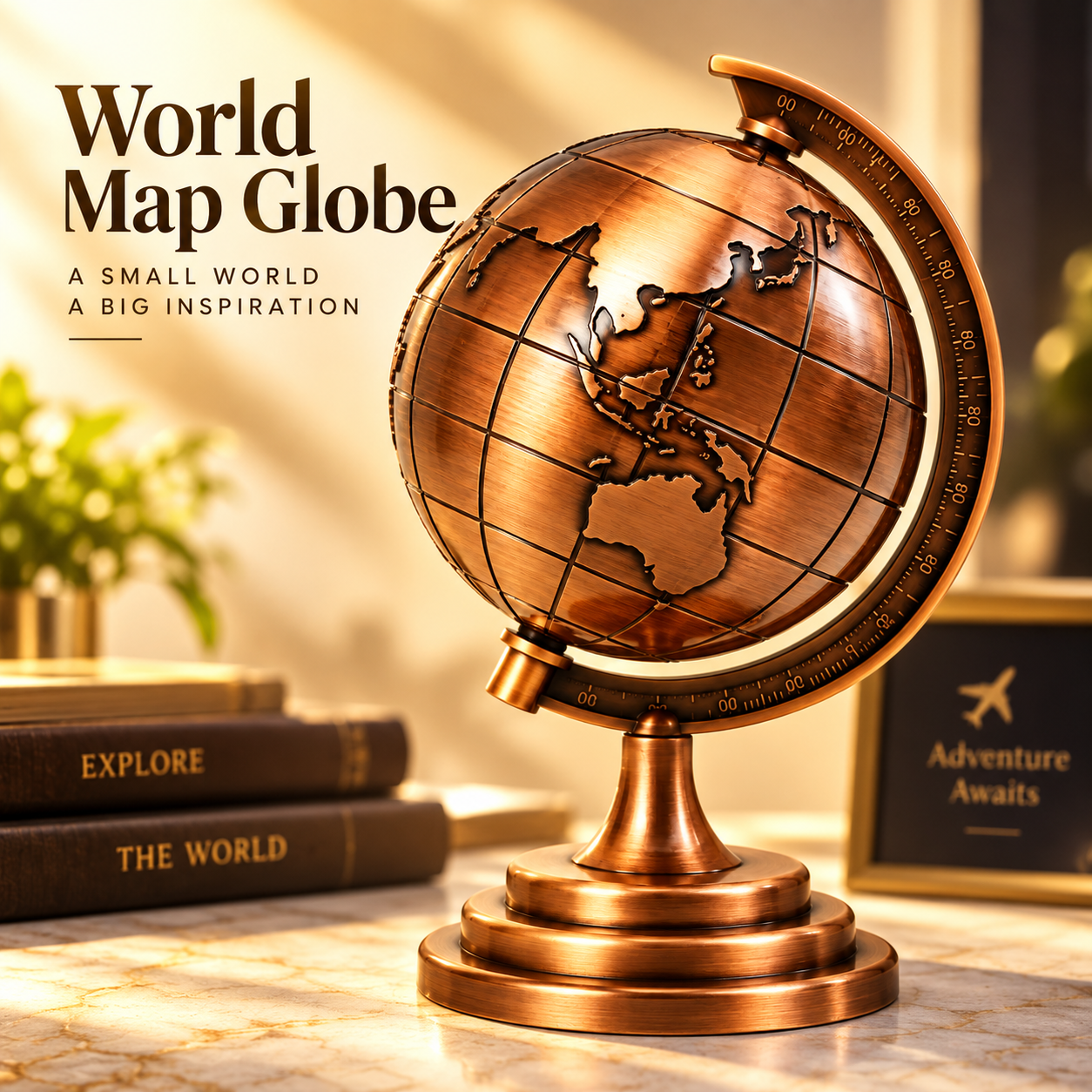 Golden 3D Rotating World Map Globe Decoration Showpiece – Modern Metal Gold Wash Finish Tabletop Ornament, Aesthetic Home & Office Decor, Luxury Travel Gift & Photography Prop