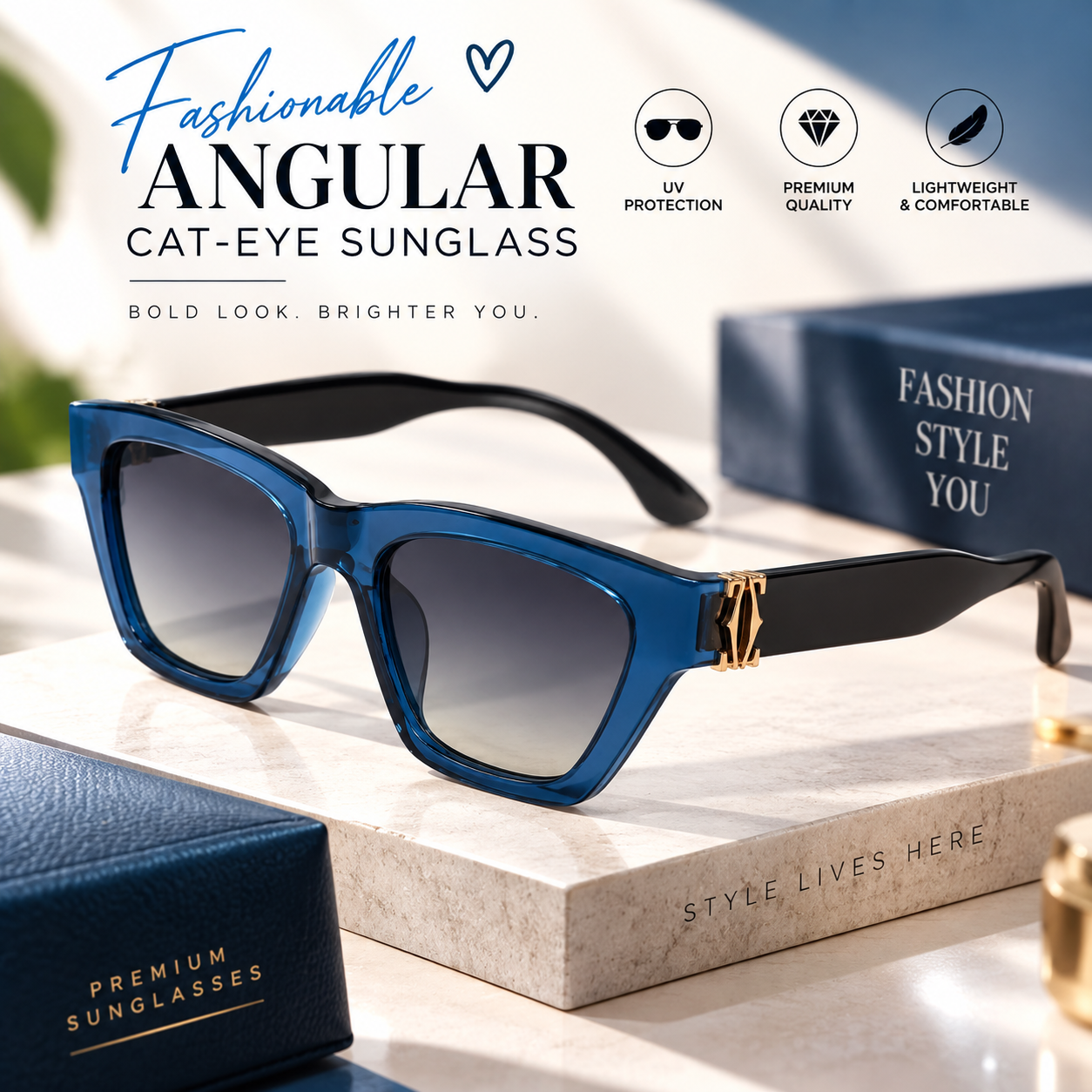 Fashionable Angular Cat-Eye Sunglasses – Crystal Clear Transparent Blue Frame with Gradient Black-Grey UV-Protection Lenses, Chic Stylish Eyewear for Women