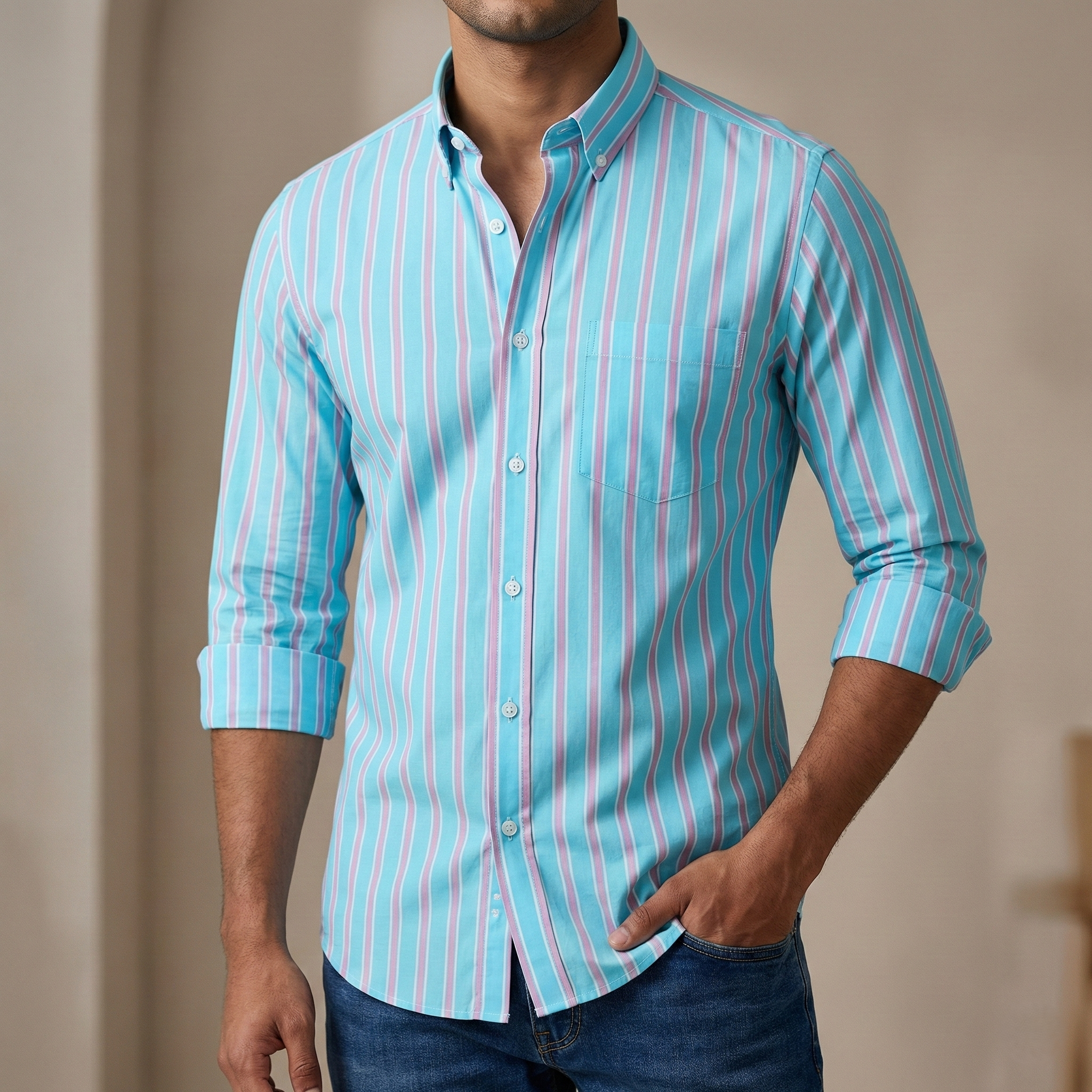 Men's  long sleeve stripe / print shirt