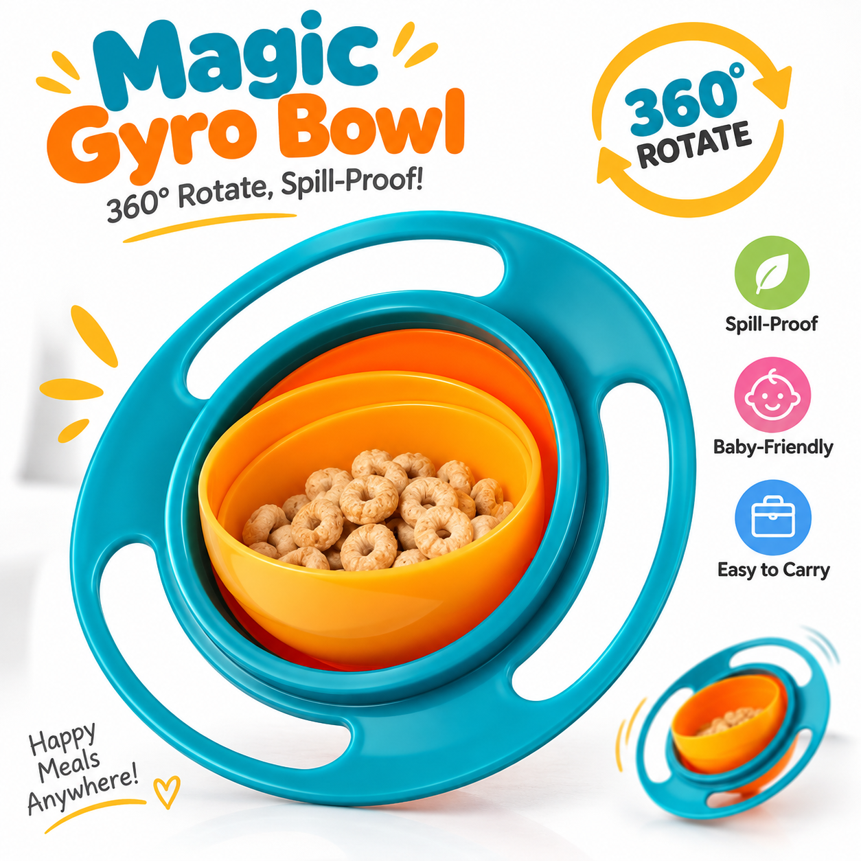 Magic Gyro Bowl 360-Degree Rotating Spill-Proof Baby Bowl – Universal Balance Anti-Spill UFO Bowl with Food-Grade BPA-Free PP Plastic, Easy to Clean Interactive Toddler Feeding Bowl