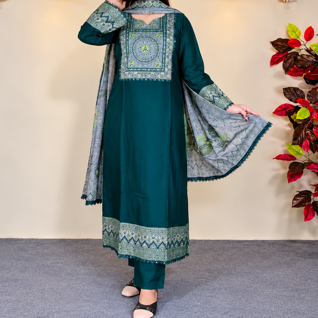 Elegant Mustard Yellow & Slate Blue Printed Unstitched Cotton Three-Piece Set