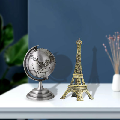 3D Rotating World Map Globe & Metal Eiffel Tower Showpiece Combo Set – Bronze & Gold Wash Finish, Elegant Tabletop Home & Office Decor, Luxury Travel Gift & Photoshoot Prop