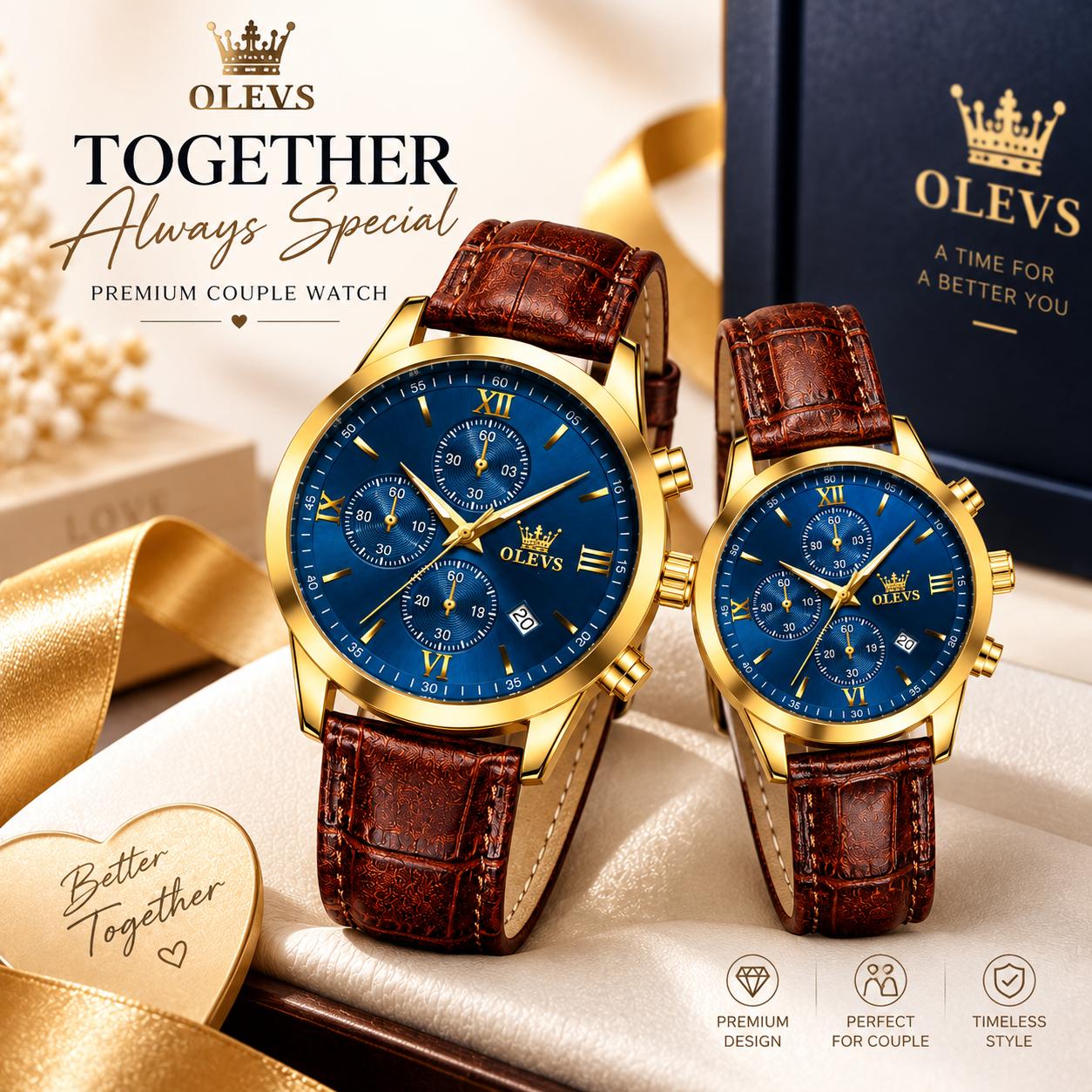 OLEVS Premium Luxury Leather Strap Couple Watch Set – Golden Case, Deep Blue Roman Numeral Dial, Chronograph, Date Display & Crocodile Texture Brown Leather Band (Perfect Anniversary & Wedding Gift)
