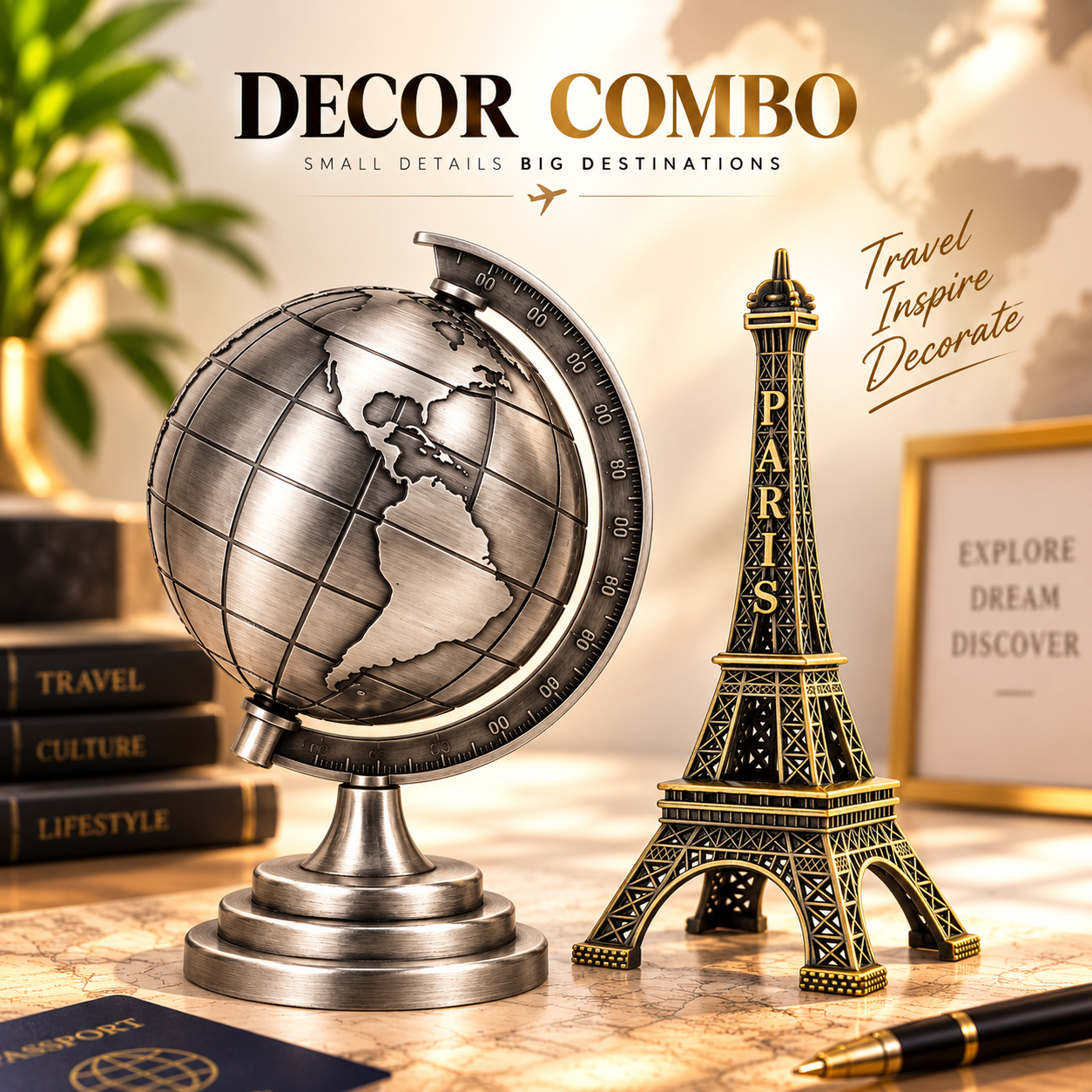 3D Rotating World Map Globe & Metal Eiffel Tower Showpiece Combo Set – Bronze & Gold Wash Finish, Elegant Tabletop Home & Office Decor, Luxury Travel Gift & Photoshoot Prop