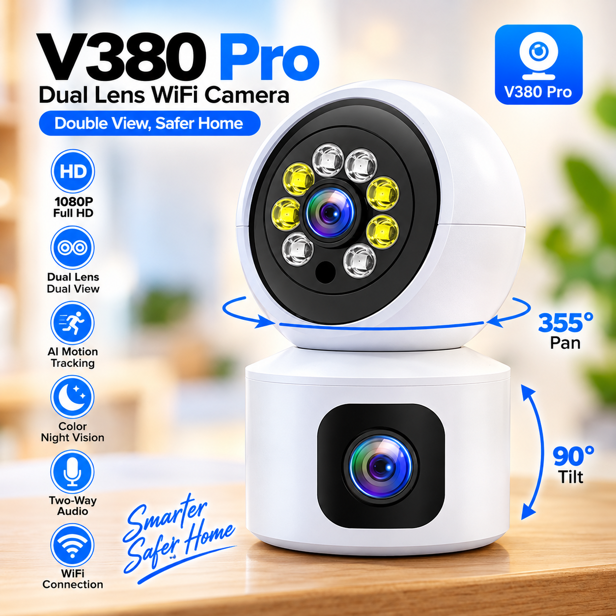 V380 Pro Dual Lens 1080P WiFi Security Camera – Rotatable 360-Degree Wireless Indoor CCTV with Smart AI Motion Tracking, Night Vision & Two-Way Audio (Model: V9L)
