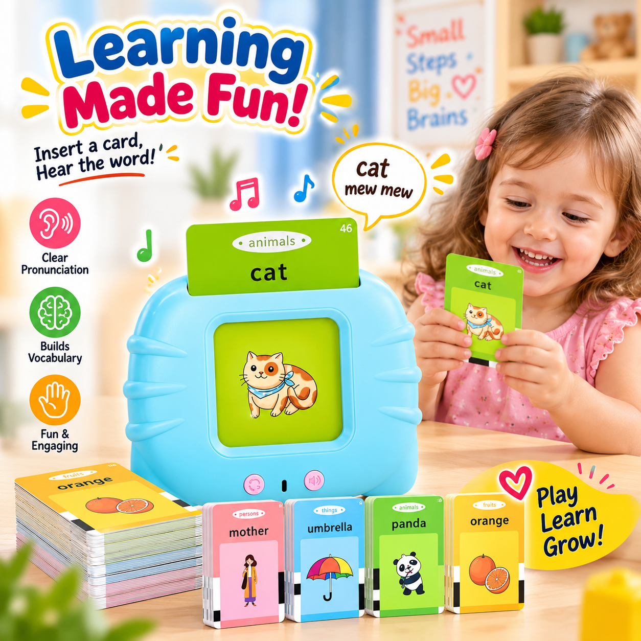 Children's Preschool Flash Card Learning Device – Interactive Audio Speech Therapy & Vocabulary Builder with 112 Double-Sided Cards (224 Words), Sound Effects, Screen-Free Educational Toy & USB Rechargeable