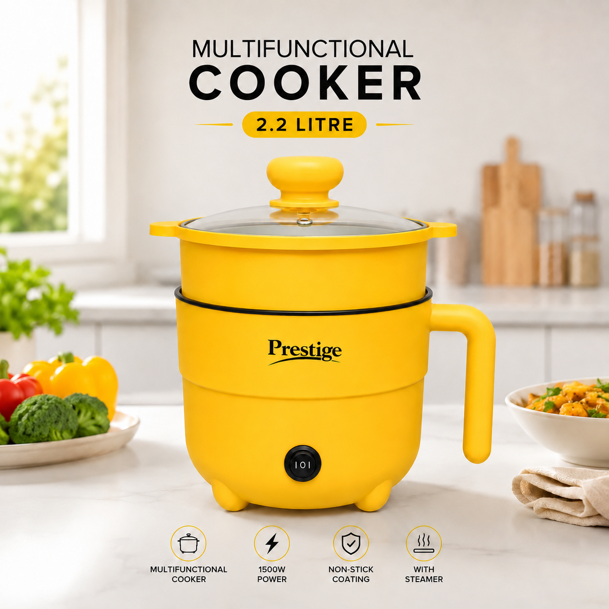 Prestige 2.2L Multifunctional Electric Cooker – 1500W Energy-Saving Non-Stick Multi Cooker with Steamer Tray for Fry, Curry, Noodles & Steaming