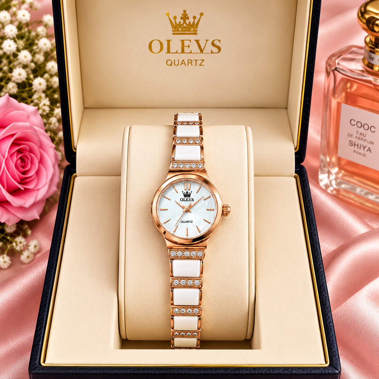 OLEVS Rose Gold & White Ceramic Diamond Luxury Women's Quartz Watch - Image 2