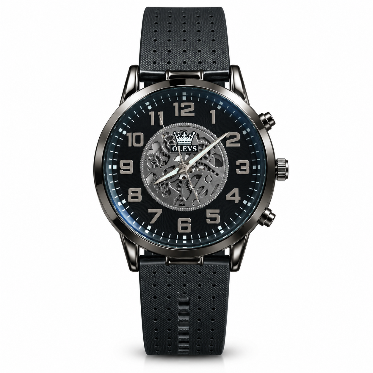 The Ultimate Gentleman's 4-in-1 Essentials Combo(1) – Olevs Skeleton Wrist Watch, Automatic Leather Belt, Wayfarer Sunglasses & Classic Long Wallet Set for Men