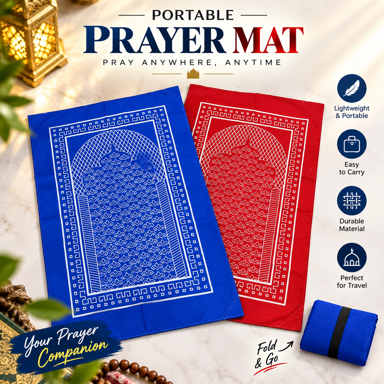 Premium Portable Pocket Prayer Mat – Lightweight Waterproof Nylon Jaynamaz with Compact Pouch, Foldable Travel Prayer Rug for Outdoor, Office, Travel & Daily Namaz