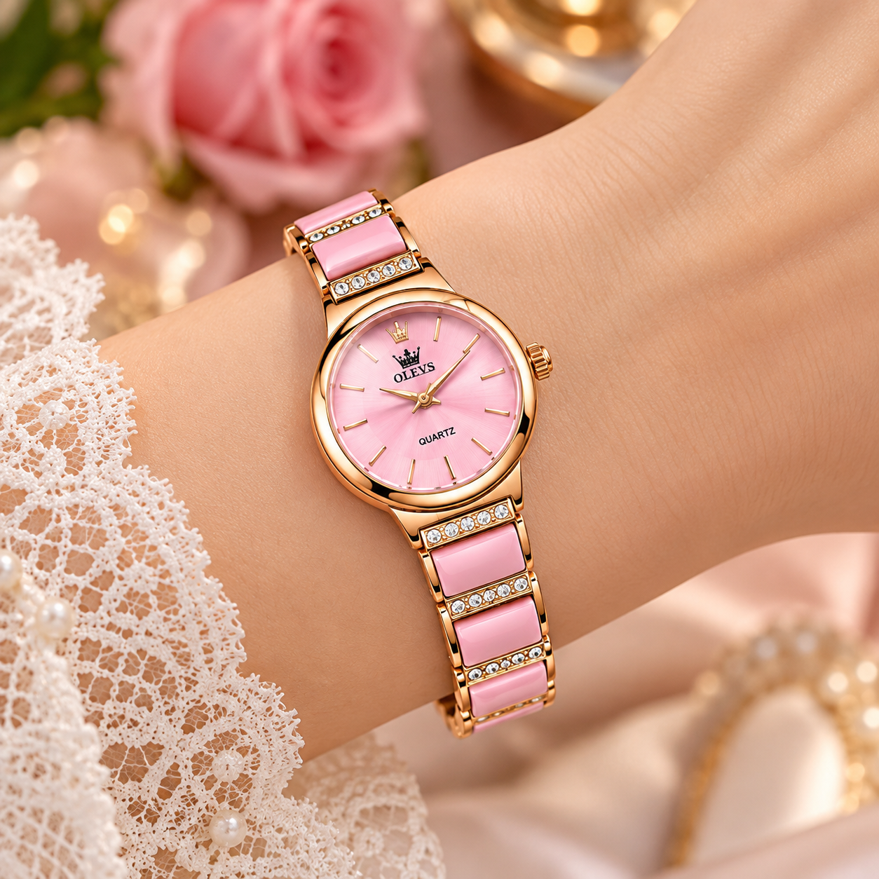 OLEVS Rose Gold & White Ceramic Diamond Luxury Women's Quartz Watch