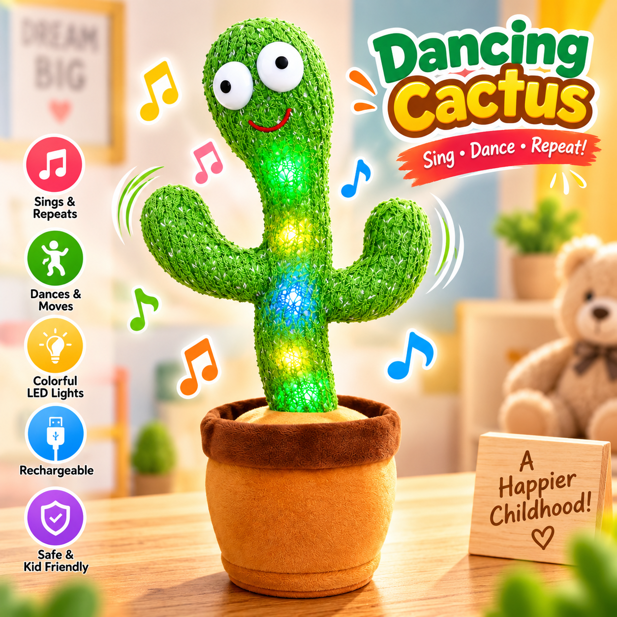 HelloKimi Singing & Dancing Cactus Plush Toy – Rechargeable Interactive Electronic Toy with 120 Songs, Wiggling & Copying Features, Safe PP Cotton Soft Doll, Perfect Kids Educational & Party Gift (32cm)