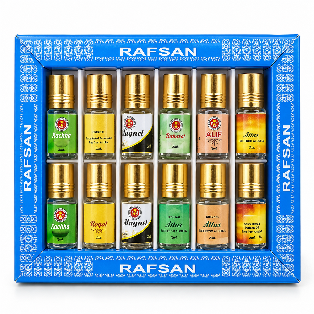 12 Pcs Halal Attar Combo Pack – 100% Alcohol-Free Concentrated Roll-On Perfume Oil Set (3ml Each) Featuring Magnet, Kacha Beli, Shahi Darbar, Bokul Ful, Rojoni Gandha & Gule Lala at Wholesale Factory Price
