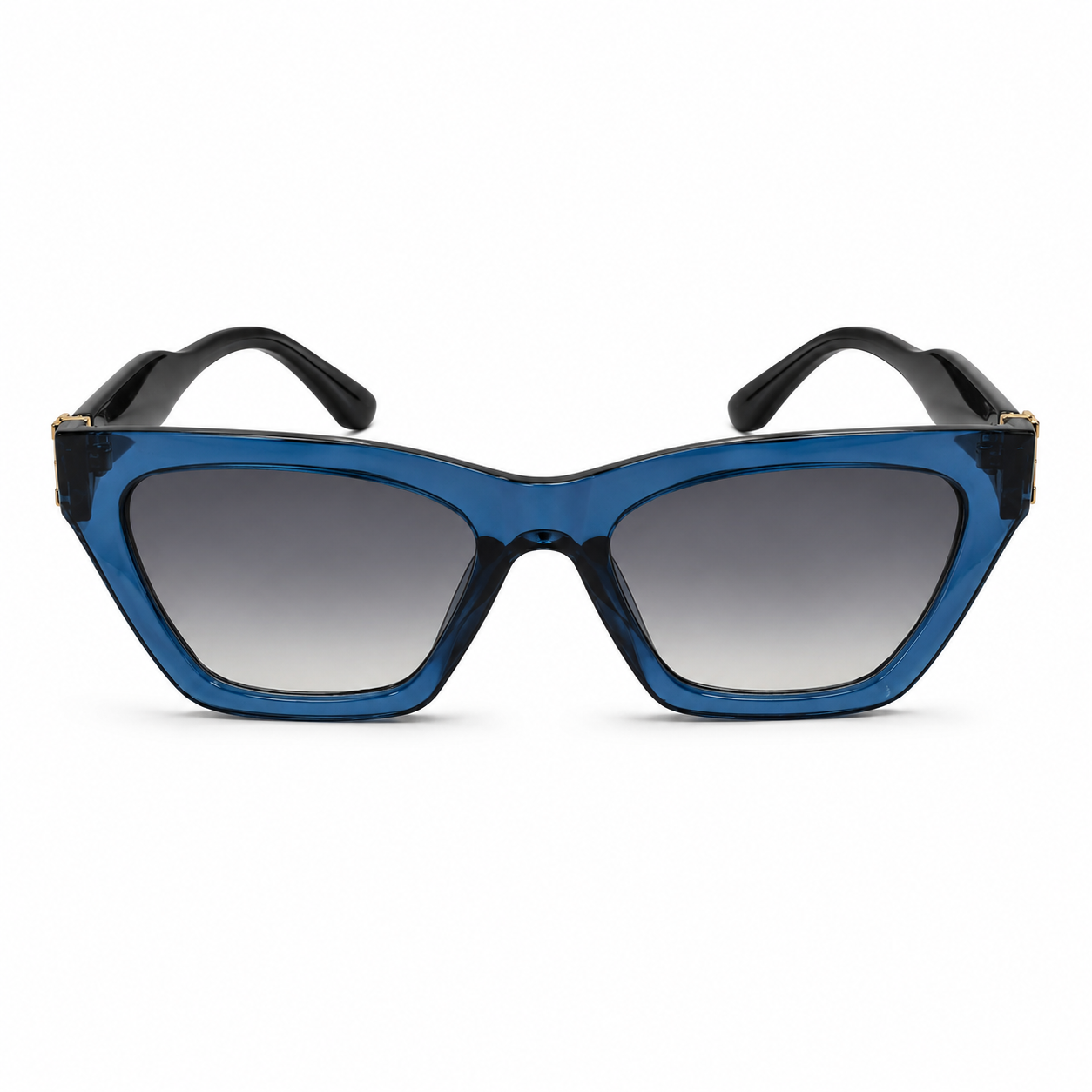 Fashionable Angular Cat-Eye Sunglasses – Crystal Clear Transparent Blue Frame with Gradient Black-Grey UV-Protection Lenses, Chic Stylish Eyewear for Women