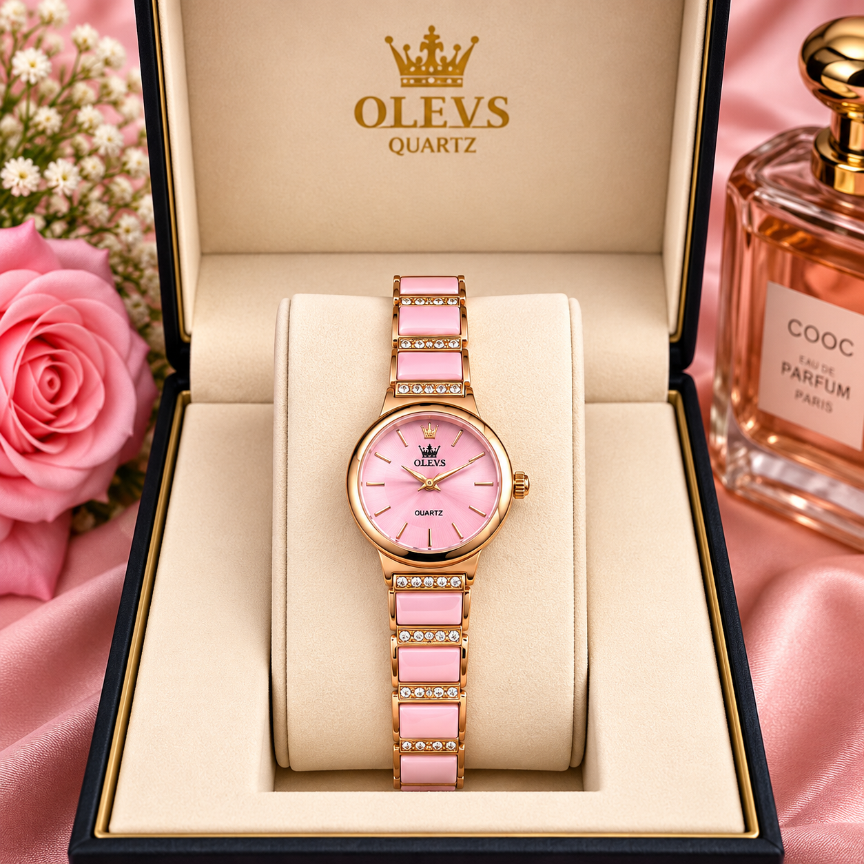 OLEVS Rose Gold & White Ceramic Diamond Luxury Women's Quartz Watch - Image 2