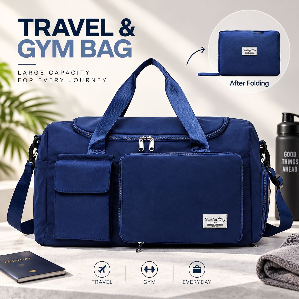 Fashionable Large Capacity Travel & Gym Bag (Blue) – Waterproof Oxford Cloth Multi-Functional Duffel with Shoulder, Handheld & Crossbody Carry Options for Sports, Fitness & Short Trips (45x20x25 cm)