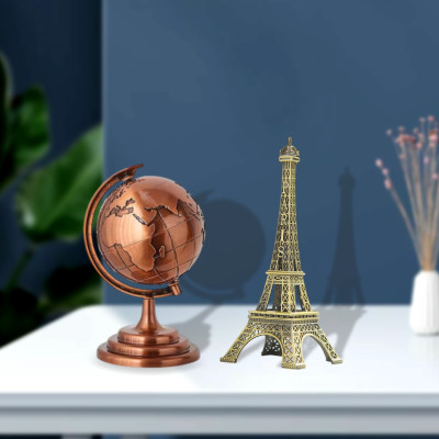3D Rotating World Map Globe & Metal Eiffel Tower Showpiece Combo Set – Bronze & Gold Wash Finish, Elegant Tabletop Home & Office Decor, Luxury Travel Gift & Photoshoot Prop