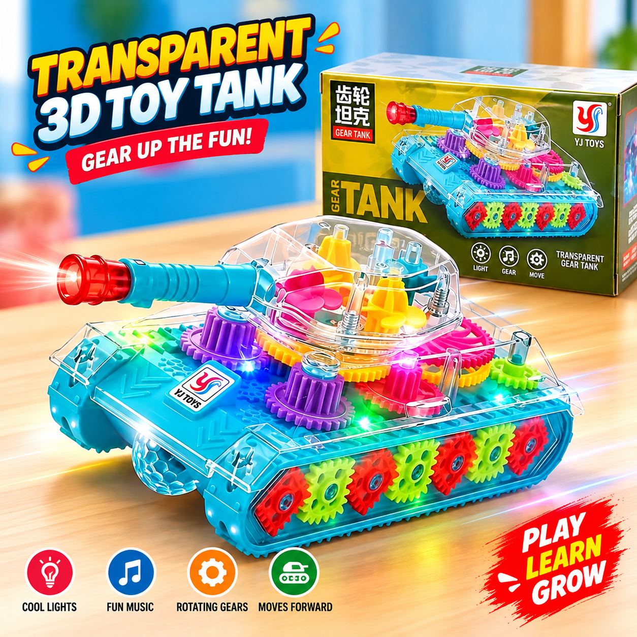 Transparent 3D Gear Toy Tank for Kids – Electric Mechanical Transparent Tank with Colorful Flashing Lights & Dynamic Sound Effects, Safe & Interactive Educational Toy Gift