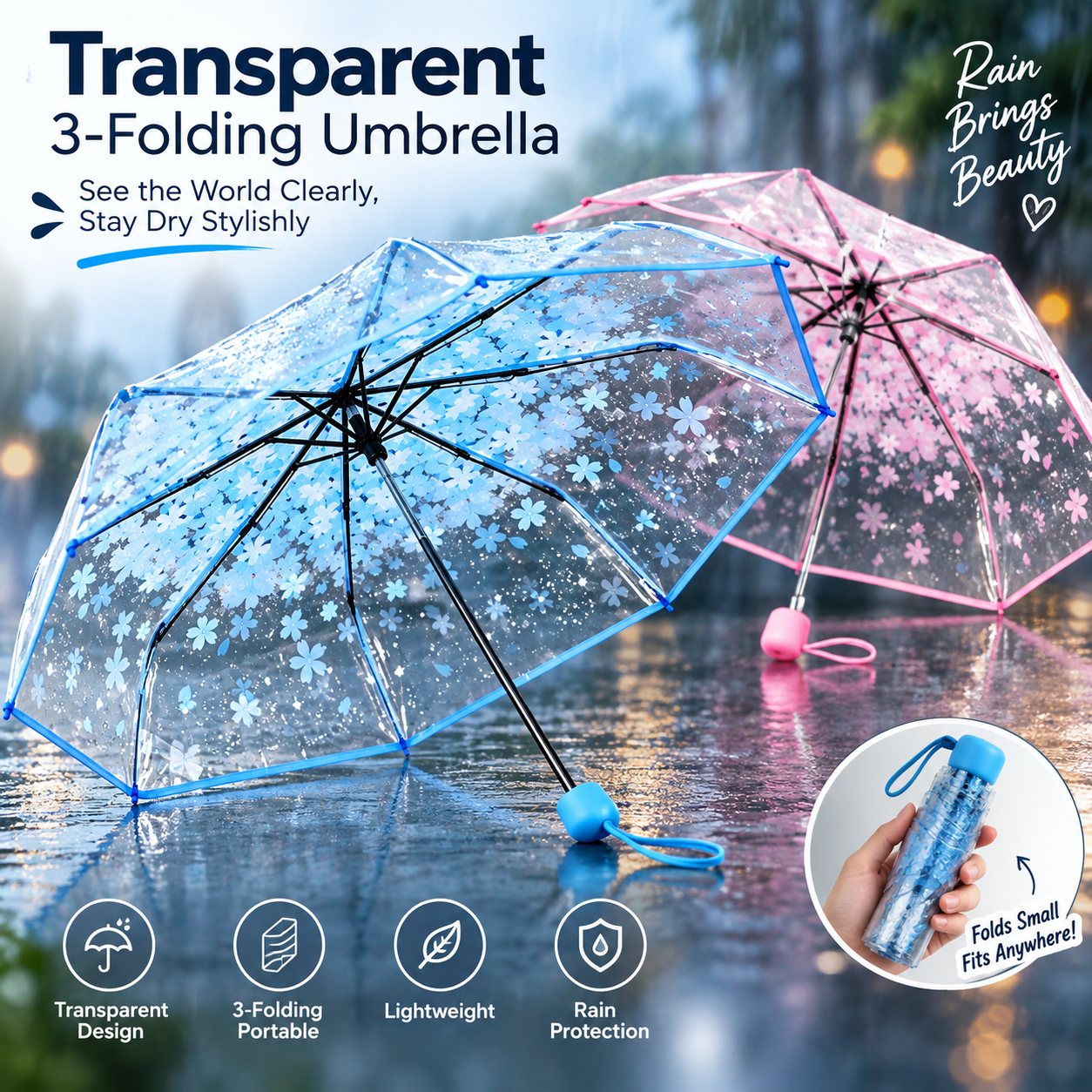 Transparent 3-Folding Umbrella – Stylish Clear Bubble Rain & Sun Protection Canopy with Double Coated Silver & Rexine Fabric, 22-Inch Compact Manual Fold Import Chinese Umbrella