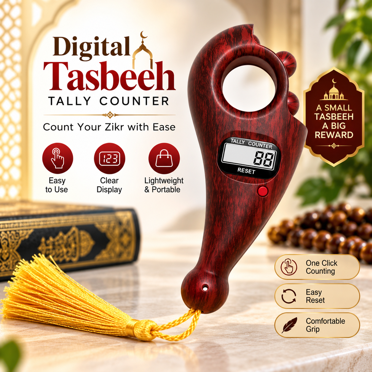 Electronic Digital Tasbeeh Tally Counter – Handheld Plastic Clicker Counter with Reset Button, Battery-Operated Portable Finger & Hand Counter for Zikr, Meditation, Prayer & Daily Counting