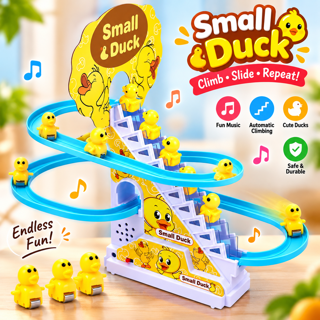 Electric Small Duck Climbing Stairs Toy – Musical Slide Track Game with 9 Cute Yellow Ducks, Flashing LED Lights, Safe ABS Plastic Interactive Educational Toy & Perfect Kids Gift